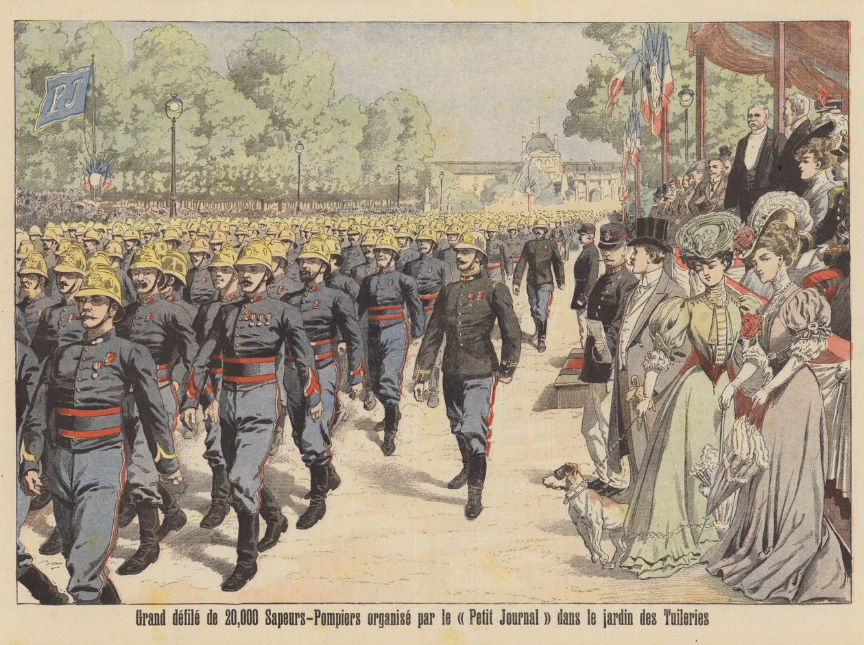 Stor parade af 20.000 brandmænd gennem Jardin des Tuileries i Paris (farvelitografi) af French School