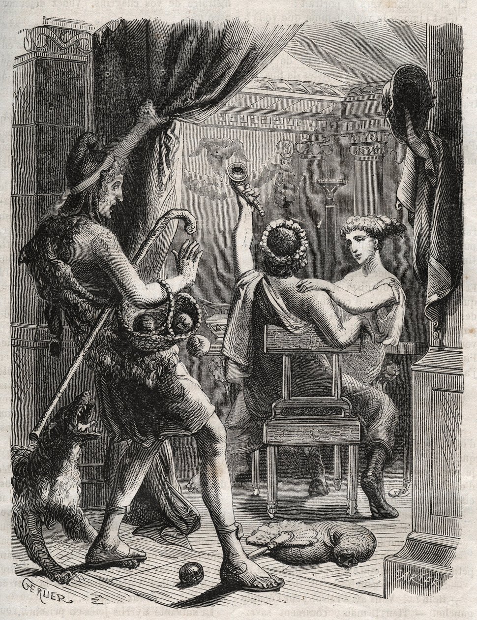 Græsk mytologi: "" Dette råb blev lavet af Paris"". Paris overrasker Helene med Peritanus. Indgravering fra 1871 i "Histoire Des Cocuses Celebres"" af Henry de Kock (1819-1892). af French School
