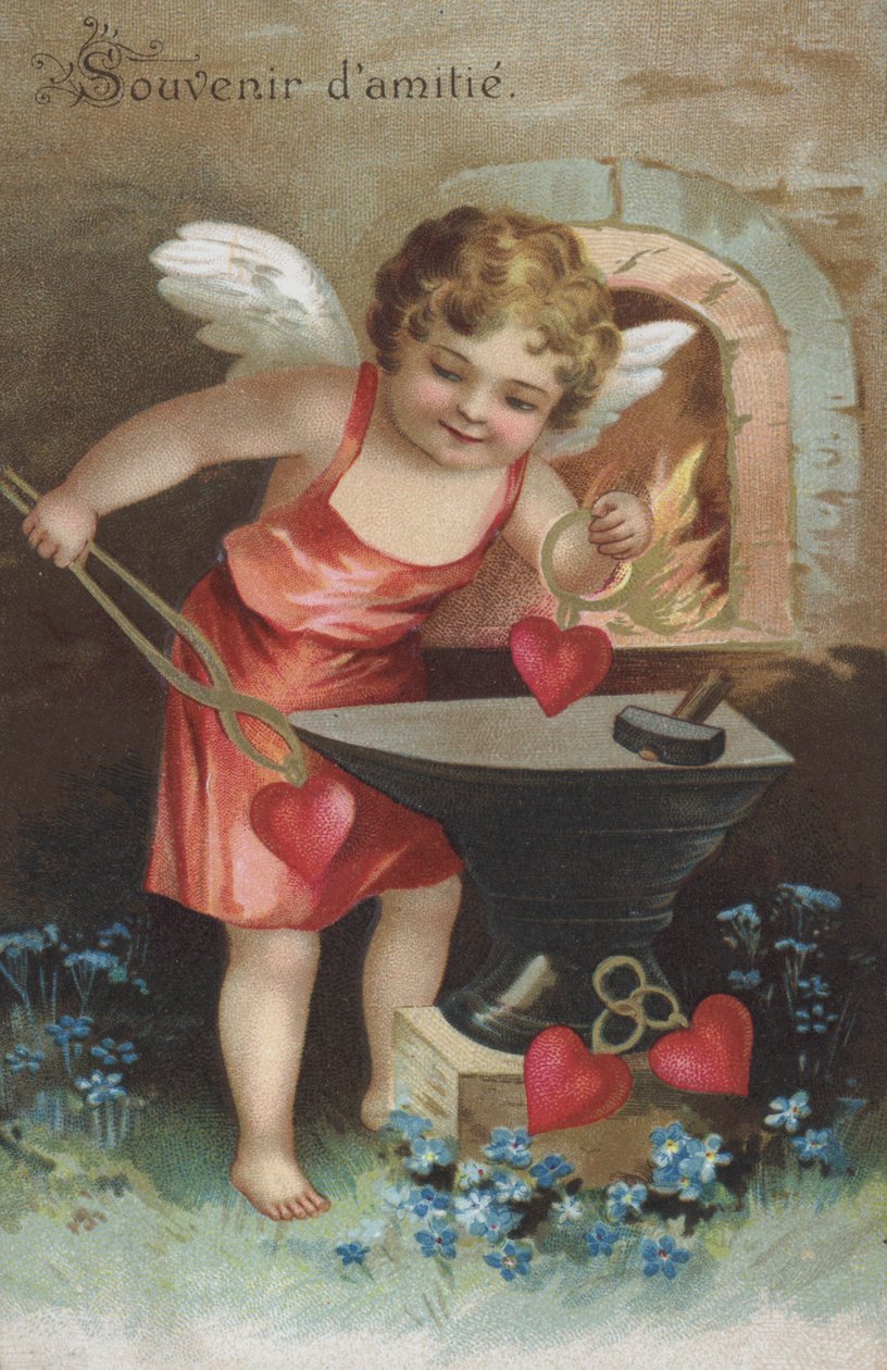 Lykønskningskort med en kerub, der skaber venskabstegn i en smedje (chromolitho) af French School