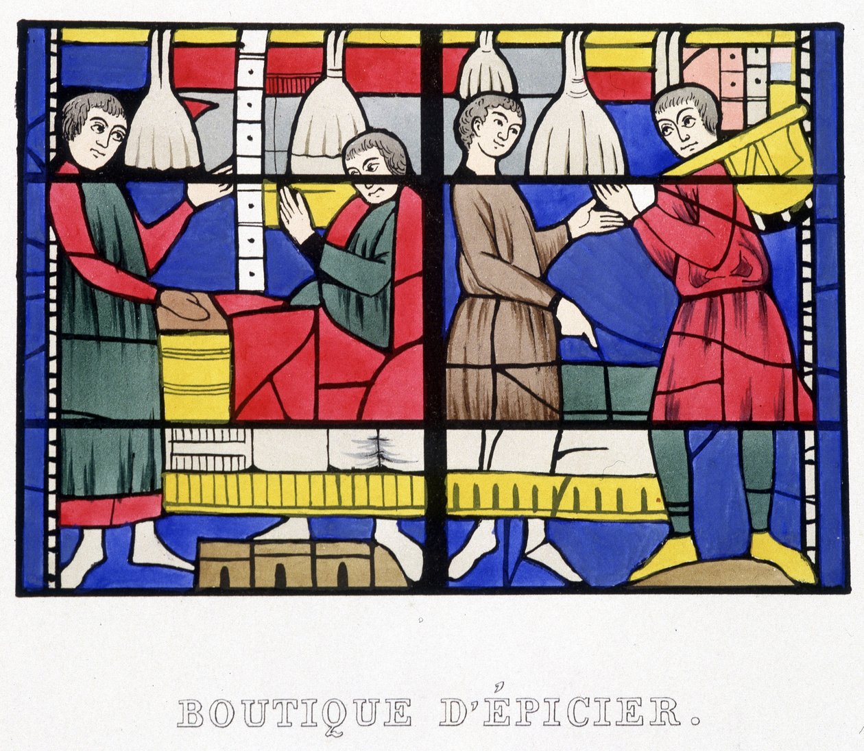 Købmandsbutik. Faksimile af et farvet glas fra middelalderen i "Histoire de la peinture sur verre"" af Ferdinand de Lasteyrie af French School