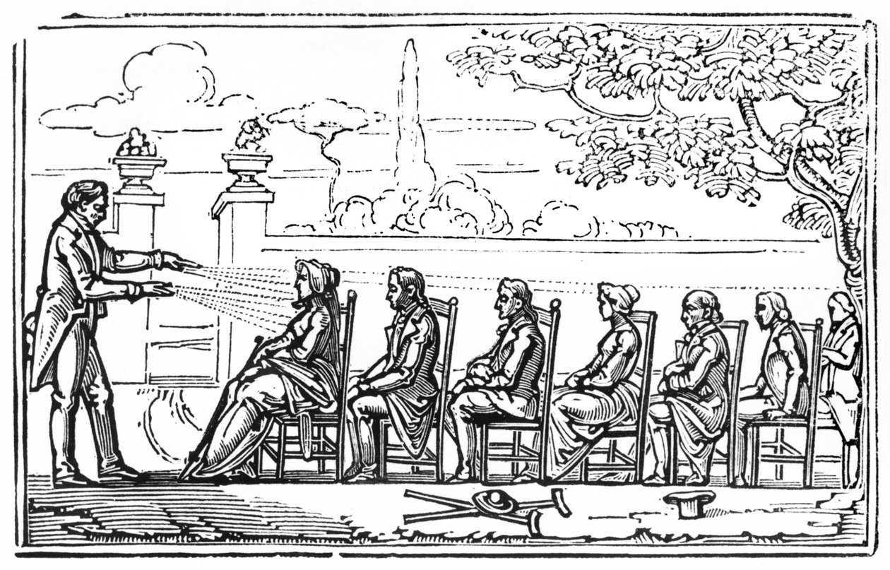 Gruppemagnetisk terapi, illustration fra Therapeutique Magnetique af Baron du Potet, 1863 af French School