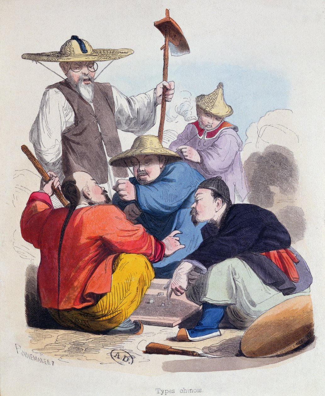 Gruppe af kinesiske mænd, der spiller terninger, ca. 1850 (farvegravering) af French School