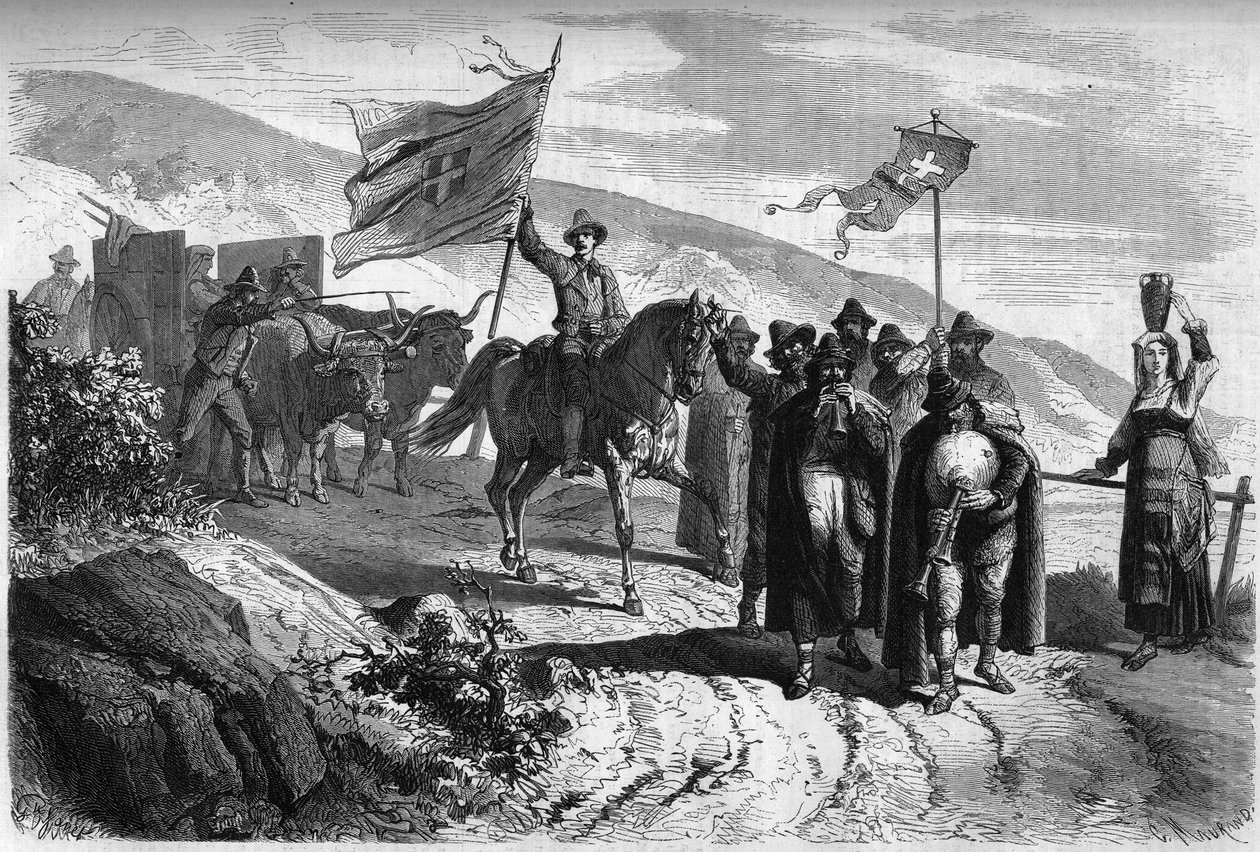 Gruppe af "Pifferari" (tiggere og gående musikere fra Italien) forlader provinsen Abbruzzo til Napoli i anledning af den hellige uge. Indgravering i "" Le Monde Illustré"" nr. 364 af 2. april af French School