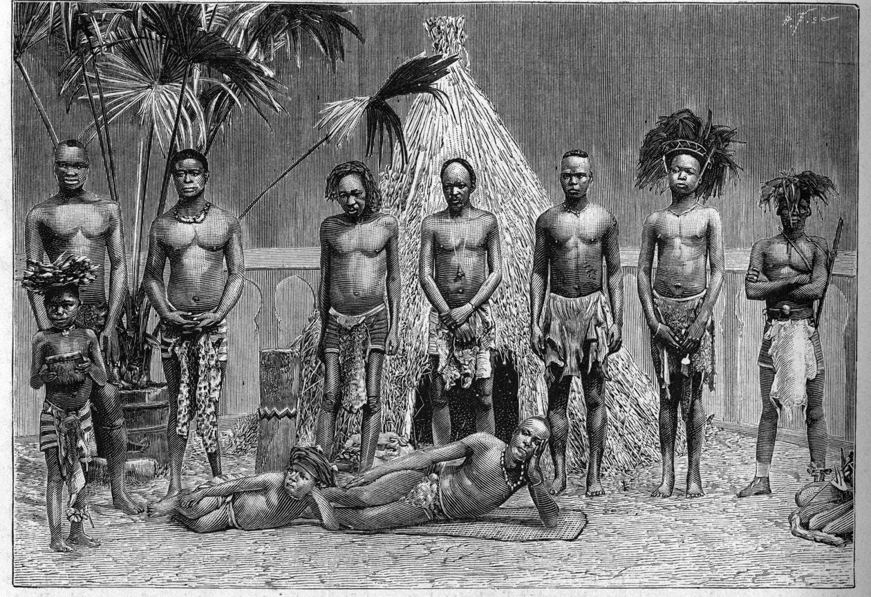 Gruppe af mænd fra den angolanske trup udstillede i Paris under verdensudstillingen i 1889 (Human Zoo). af French School