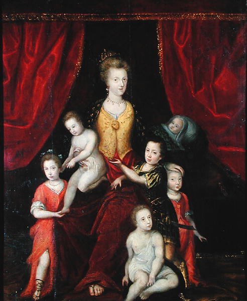 Gruppeportræt, muligvis af en dronning med sine seks børn, slutningen af det 16. eller begyndelsen af det 17. århundrede (olie på lærred) af French School