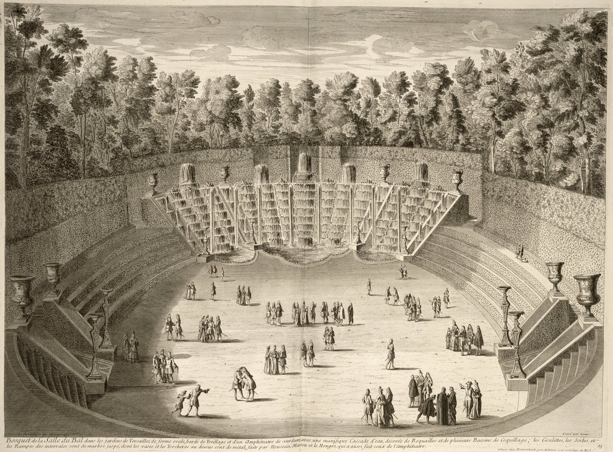 Grove of the Salle du Bal, Versailles, fra planer, profiler og højder af byerne og paladserne i Versailles, indgraveret af Lucas, udgivet ca. 1715 af French School