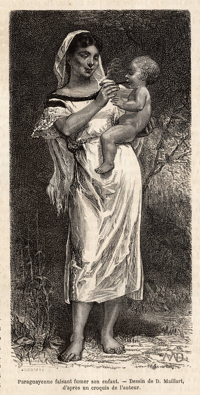 Guaranie-kvinde, der ryger cigaren til sit barn, rider på hoften, for at forsøge at formilde hendes råb, gravering efter D. Maillarts tegning, der illustrerer rejsen til Paraguay i 1872-1873, af L.Forgues, udgivet i "" Le tour du monde”” 1874, redigeret af af French School
