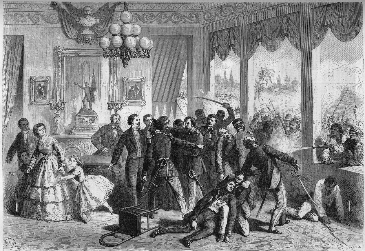 Sydamerikansk spansk krig - Lima (Peru) - 5. februar 1865: spanierne såret og forfulgt af byens befolkning tager tilflugt i den franske legation. Indgravering i ""Le Monde Illustre"" nr. 421 af 6. maj 1865. af French School