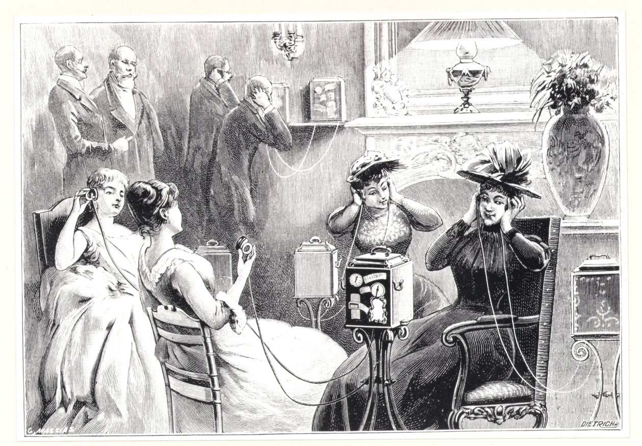 Gæster på et hotel i Paris, der lytter til direkte relæer til opera- eller teaterforestillinger på Marinovichs og Szarvas Theatrophone, fra La Nature, udgivet 1892 af French School