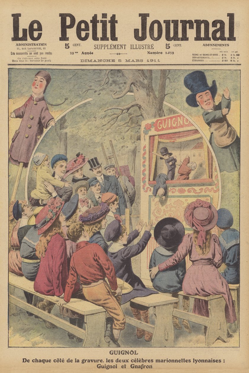 Guignol og Gnafron, berømte franske dukker fra en forestilling i Lyon (farvelitografi) af French School