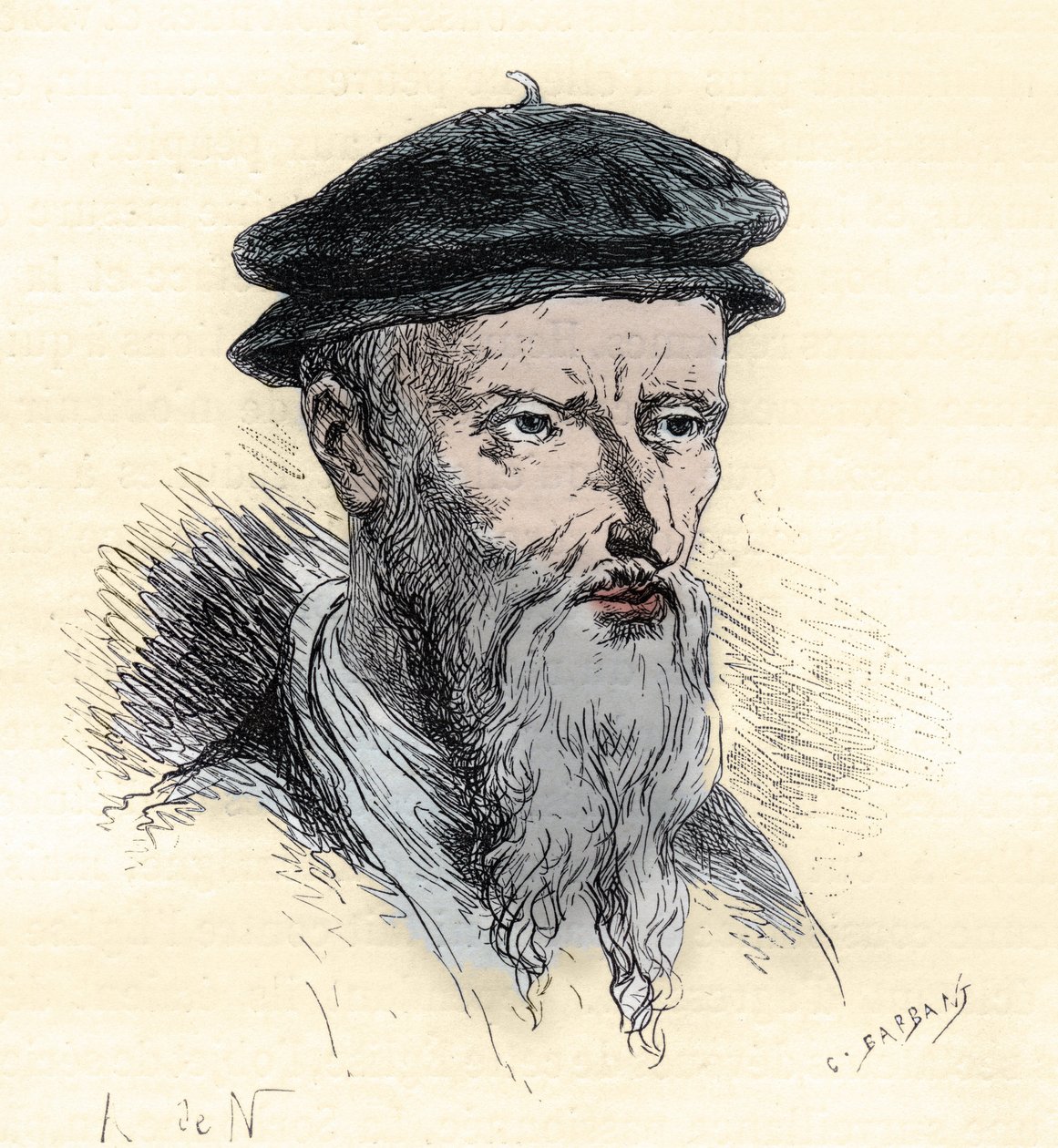 Guillaume Farel - William Farel - 1489-1565 - gravering fra "" Frankrigs historie fortalt til mine børnebørn"" - af Francois Guizot - 1872-1876 af French School