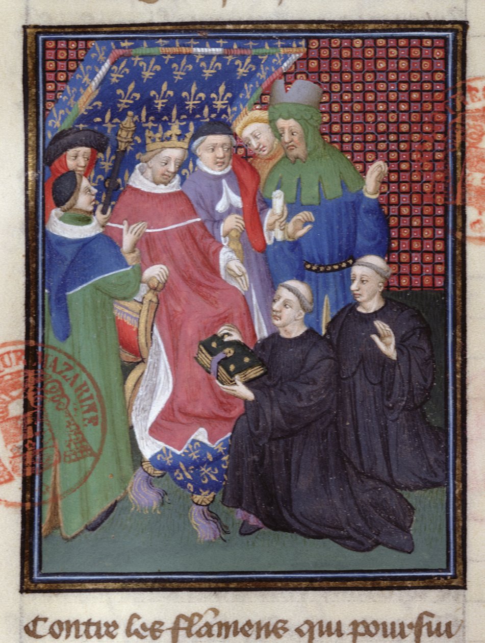 Guillaume de Nangis (d.1300 eller 1303) præsenterer sin bog til Philippe IV le Bel, konge af Frankrig fra 1285-1314 (vellum) (detaljer fra 239257) af French School