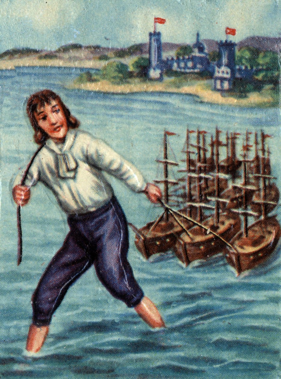 Gulliver affyrer fjendtlige skibe mod Lilliput Havn. Illustration til historien "" Gulliver