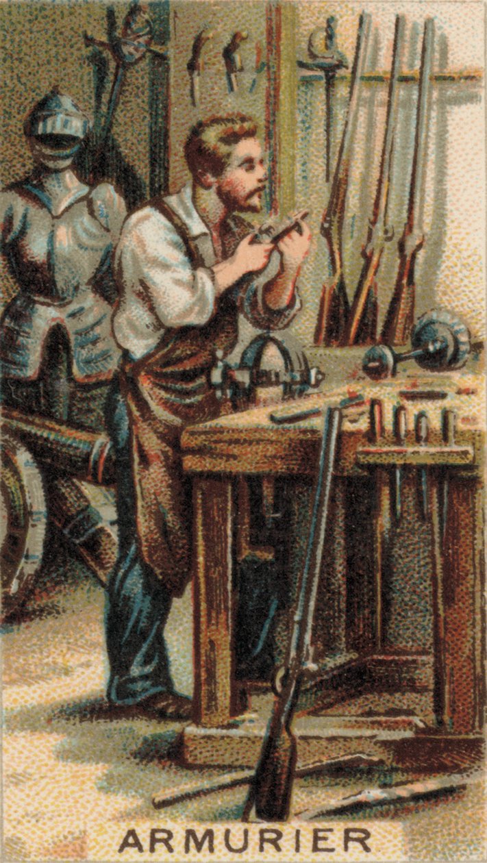 Våbensmed på arbejde i sit værksted (chromolitho) af French School
