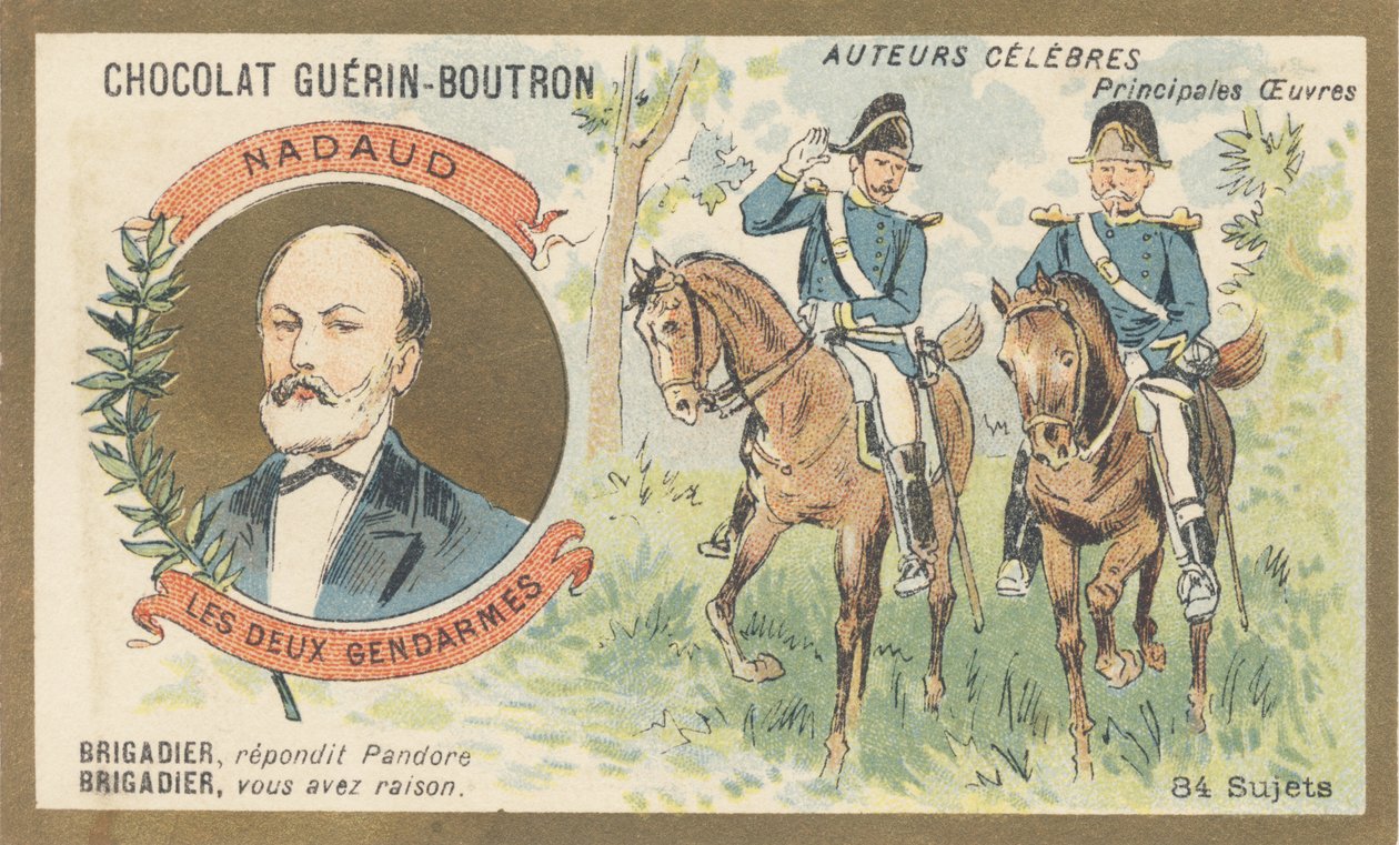 Gustave Nadaud (1820-1893), fransk goguettier, digter og sangskriver, forfatter til "Les deux gendarmes" eller "Pandora" satirisk værk forbudt af regimet af French School