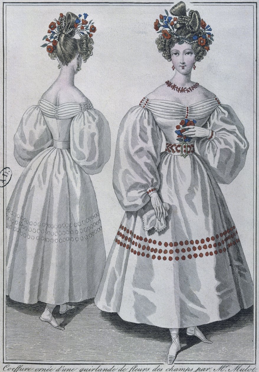 Frisure med en krans af vilde blomster, Paris, 1829 (farvegravering) af French School