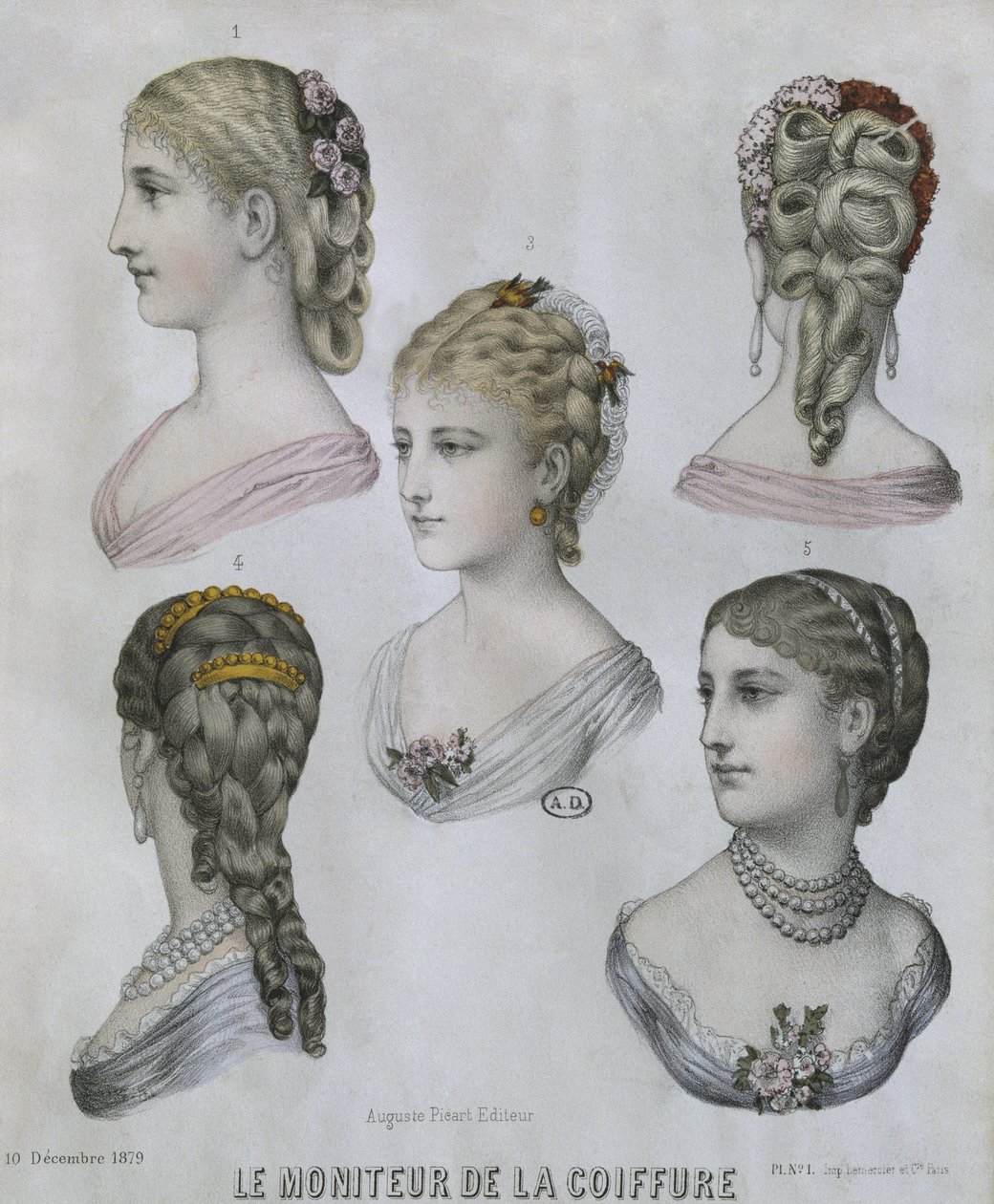 Frisurer, illustration fra Le Moniteur de la Coiffure, 10. december 1879 (farvegravering) af French School