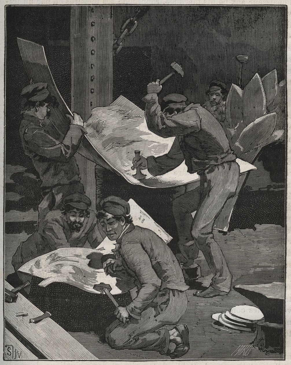 Hamring og samling af stykker af Frihedsgudinden lavet af Frederic Auguste Bartholdi (1834-1905). Indgravering fra 1880 i "" Les arts et metiers illustres"" af Adolphe BITARD. af French School