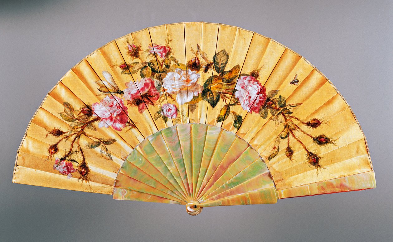 Håndvifte med roser og insekter, silke og perlemor, skabt af Felix Alexandre, Paris, ca 1870, Frankrig af French School