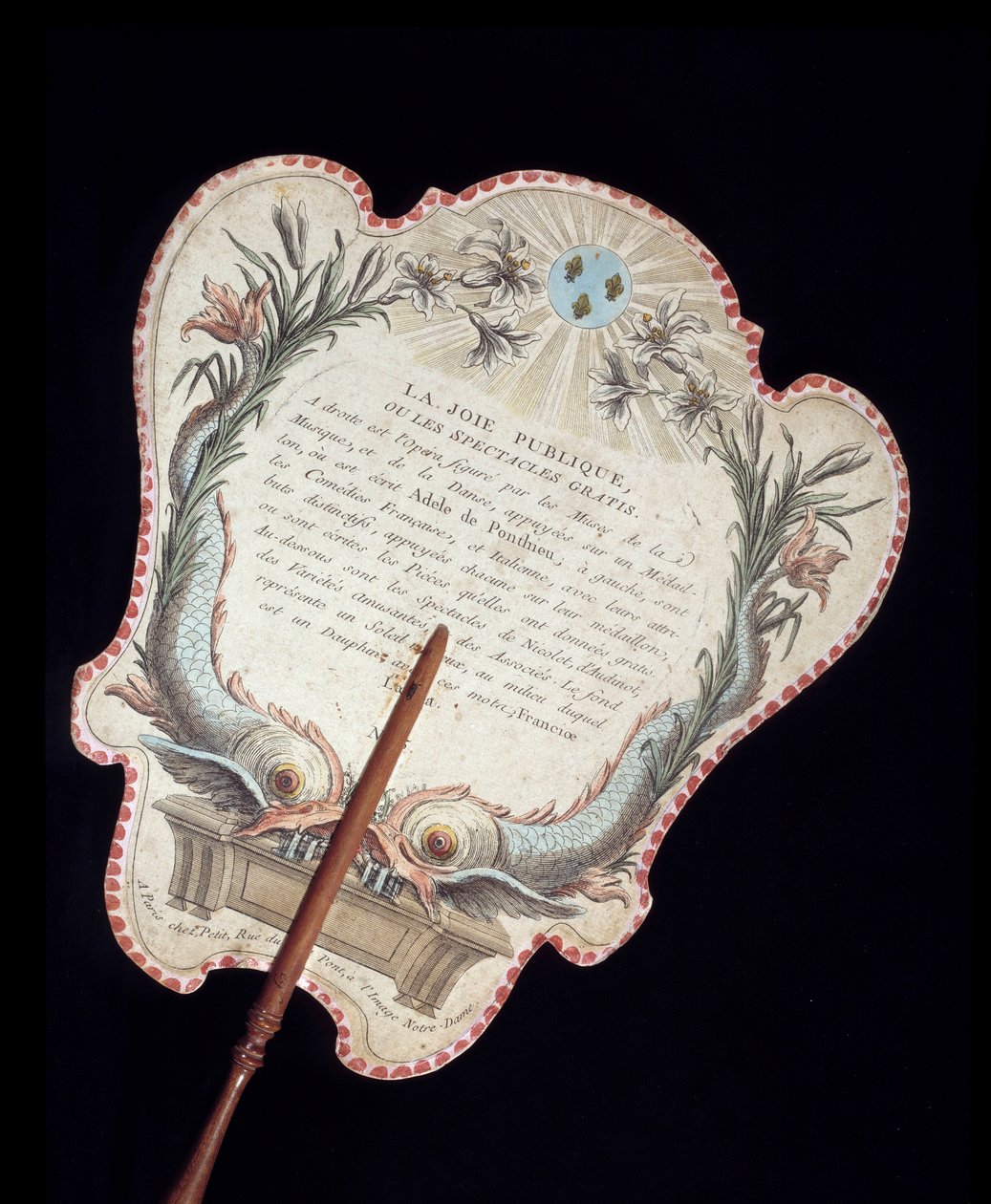 Håndskærm. Tilbage. Farvegravering på pap, der beskyttede ansigtet mod ildens varme. Frankrig 1700-tallet. Paris, Musée Carnavalet af French School