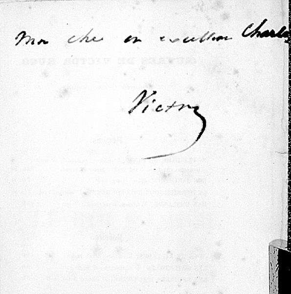 Håndskrevet signatur af Victor Hugo (1802-85) på en side i hans bog 