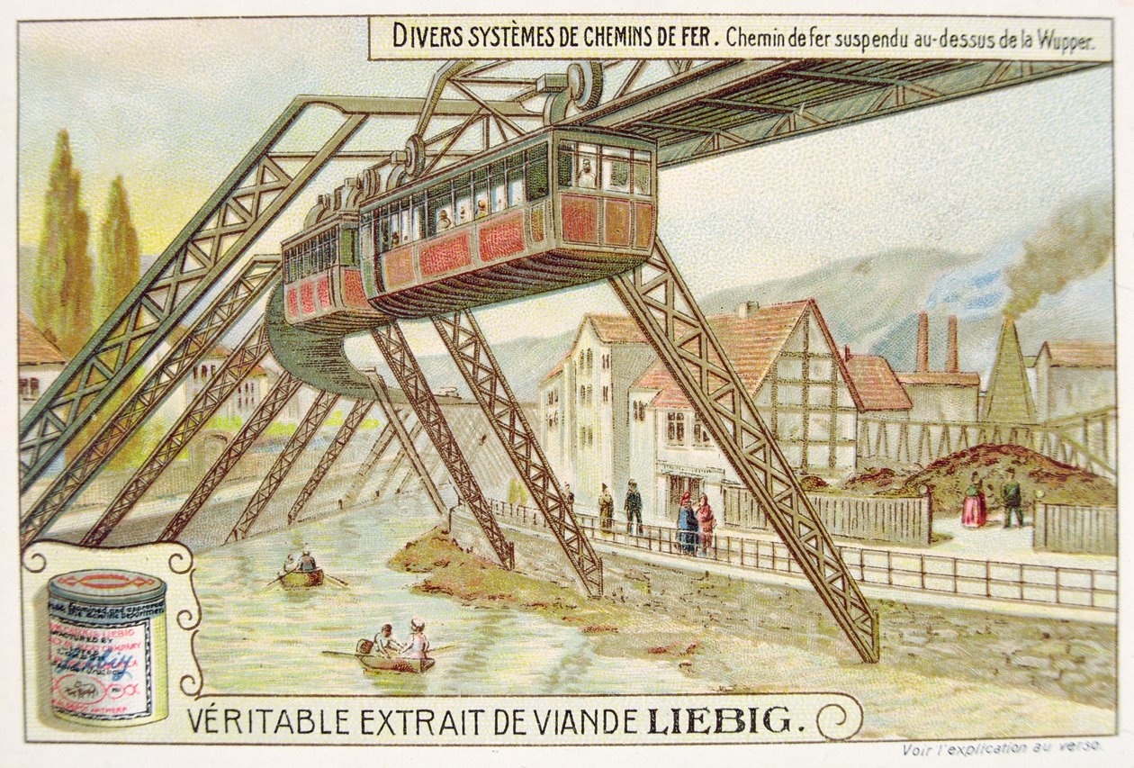 Hængende tog på Wupper-floden, salgsfremmende reklamekort for Veritable Extrait de Viande Liebig af French School