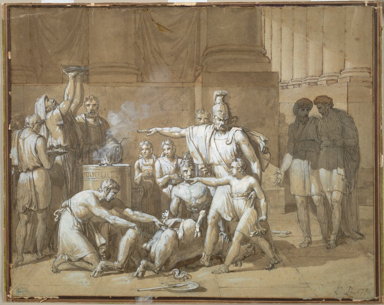 Hannibal sværger evigt fjendskab mod Rom, ca. 1808 (pen og blæk med vask over grafit) af French School