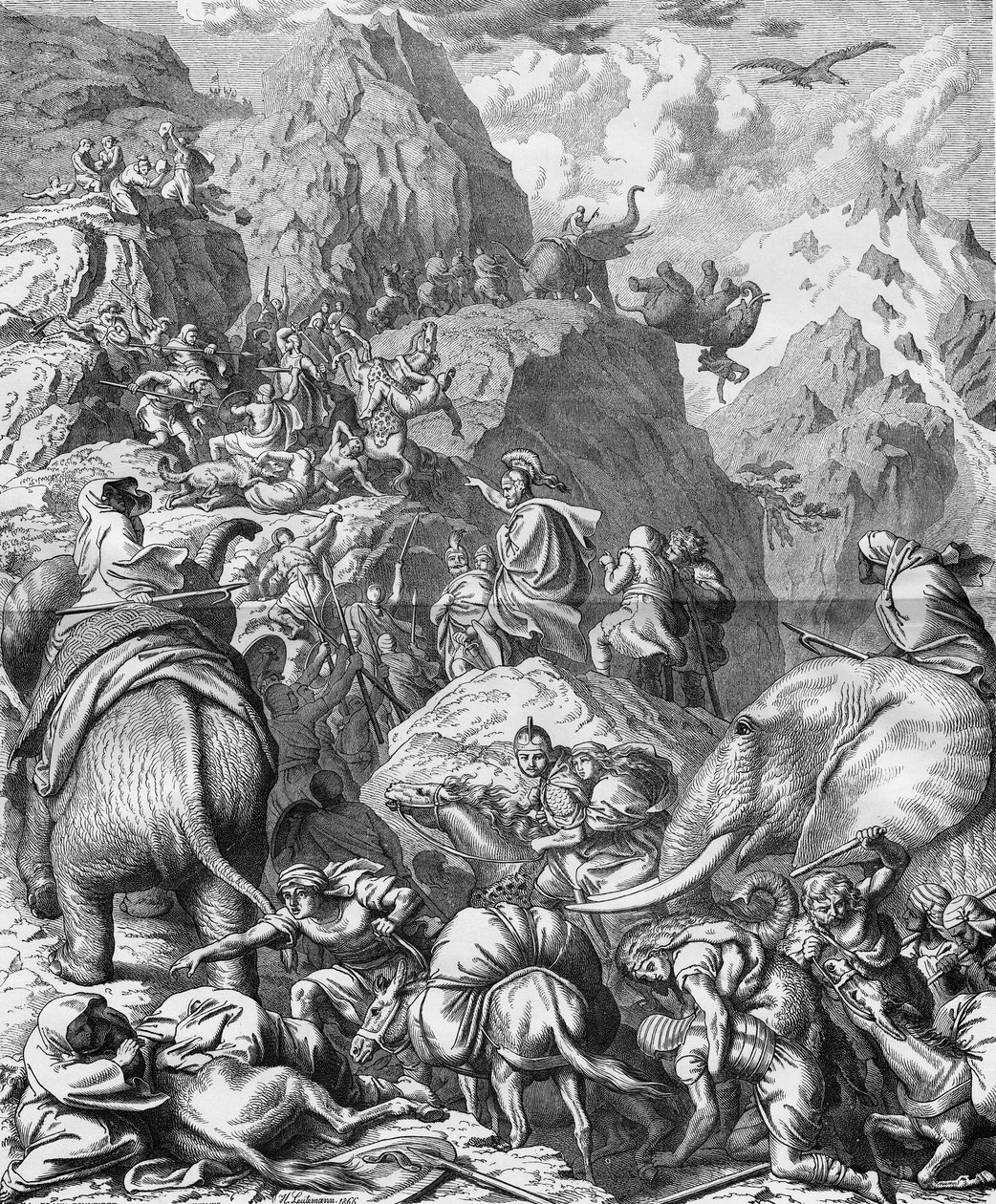 Hannibal krydser Alperne med elefanter for at ankomme til Italien (den anden puniske krig). Indgravering af det 19. århundrede. af French School