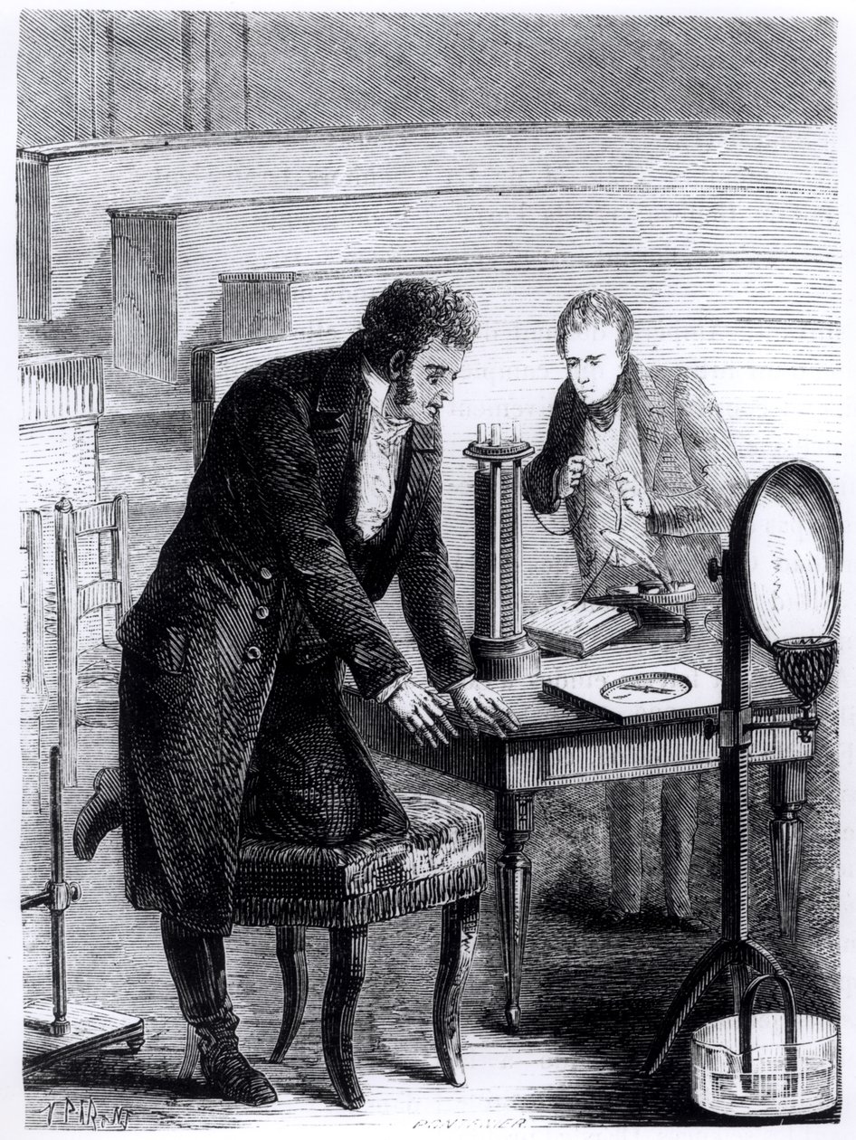 Hans Christian Ørsted (1777-1851) opdagede magnetnålens afvigelse ved lukket strøm i 1820, fra Les Merveilles de la Science af Louis Figuier (1819-94), 1867 af French School