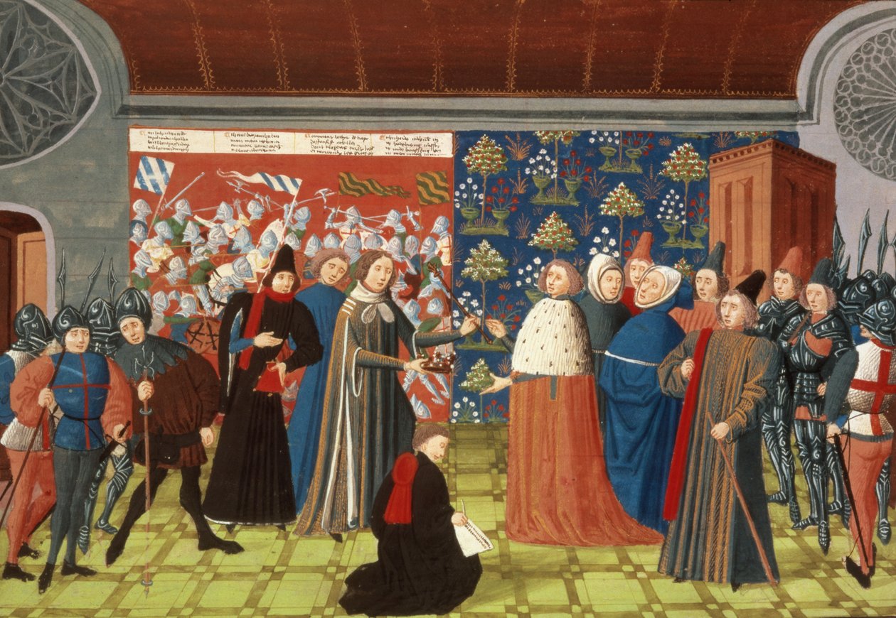 Harl.4380 f.184v Richard II giver kronen til jarlen af Derby, fra Froissarts Chronicle, Vol IV (vellum) af French School