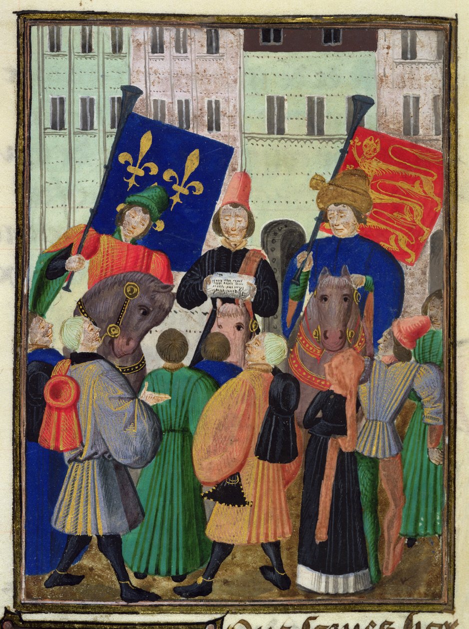 Harl 4379 f.182v Proklamation af våbenhvile mellem England og Frankrig af French School