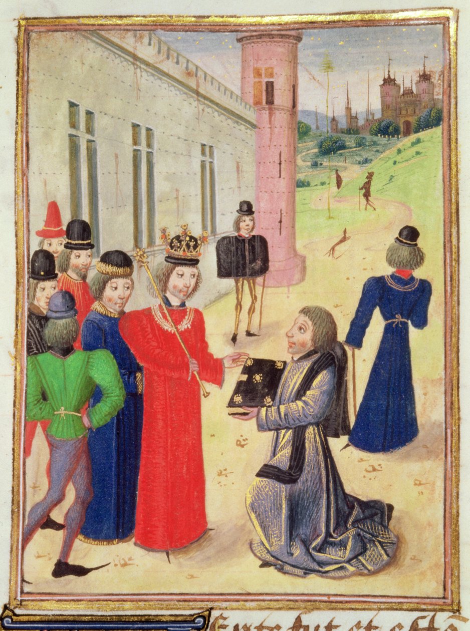 Harl 4380 f.233v Froissart præsenterer sin bog til Richard II, fra Froissarts Chronicle, Vol IV (vellum) af French School