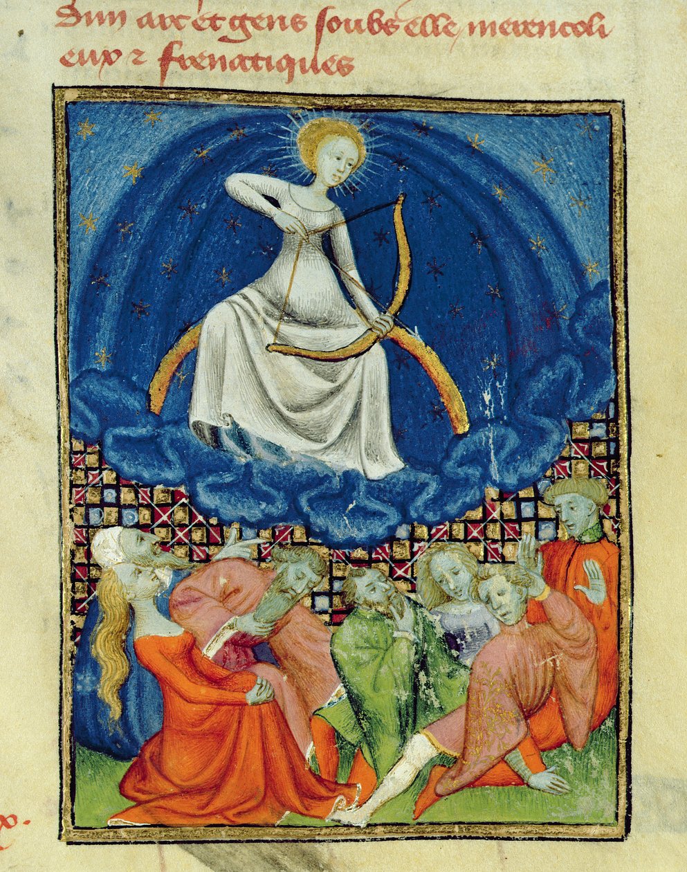 Harl 4431 f.101 Diana og hendes tilhængere, galninge (Månetilbedere), parisisk kopi, c.1410-15 af French School
