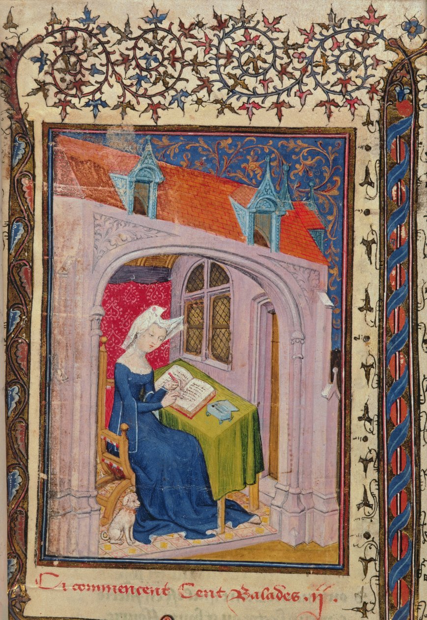 Harl 4431 f.4 Christine de Pisan skriver ved sit skrivebord, fra 