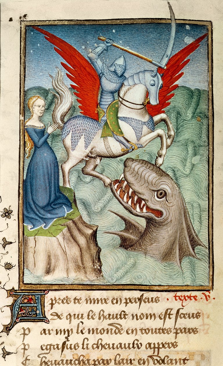 Harl 4431 f. 98v Andromeda reddet fra monsteret af Perseus ridende Pegasus, parisisk kopi, ca. 1410-11 (vellum) af French School