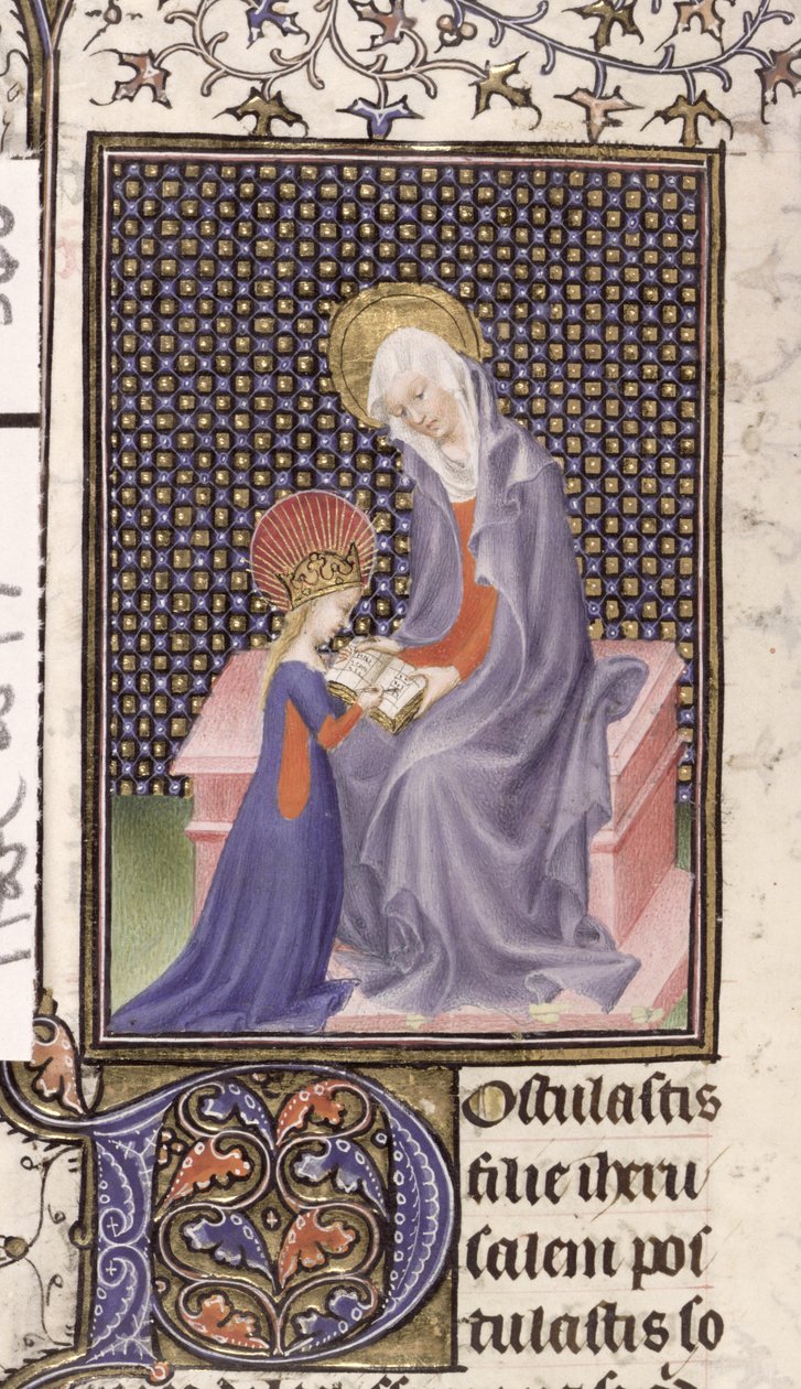 Harley 2897, f.340v: St. Anne underviser Jomfruen, skrevet og belyst i Paris (vellum) af French School