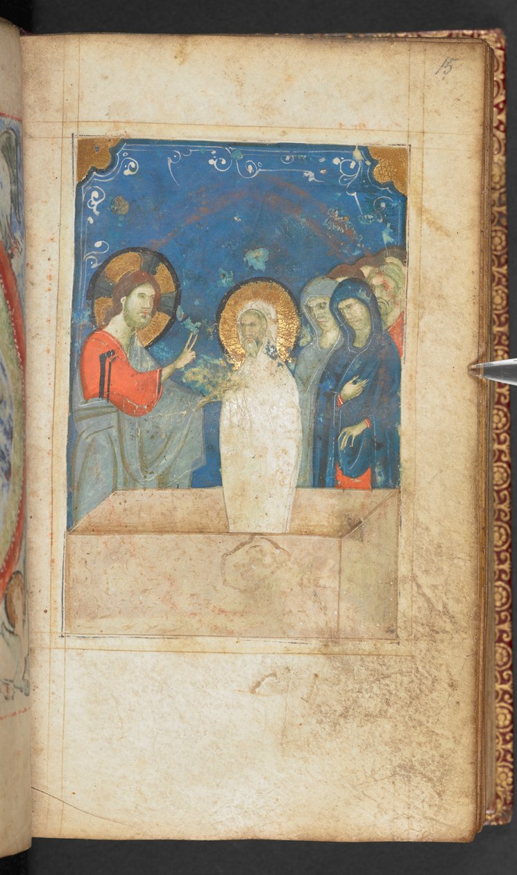 Harley 2928, f.15r, Raising of Lazarus, Scene fra Johannesevangeliet (vellum) af French School