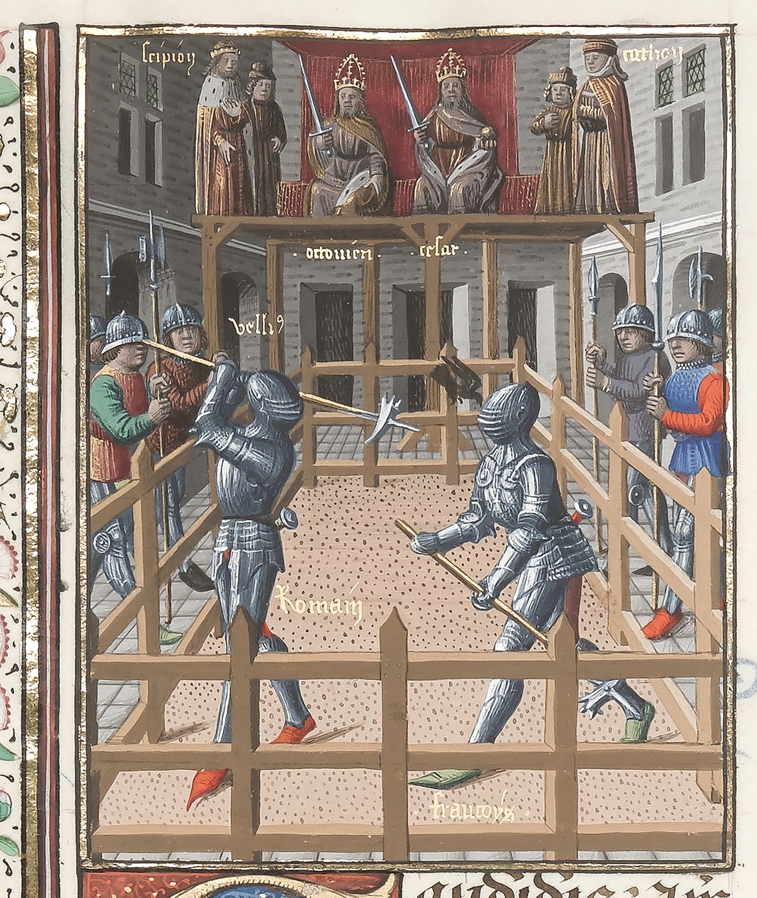 Harley 4375 f.171v, To riddere, der kæmper med med pollaxes, fra 