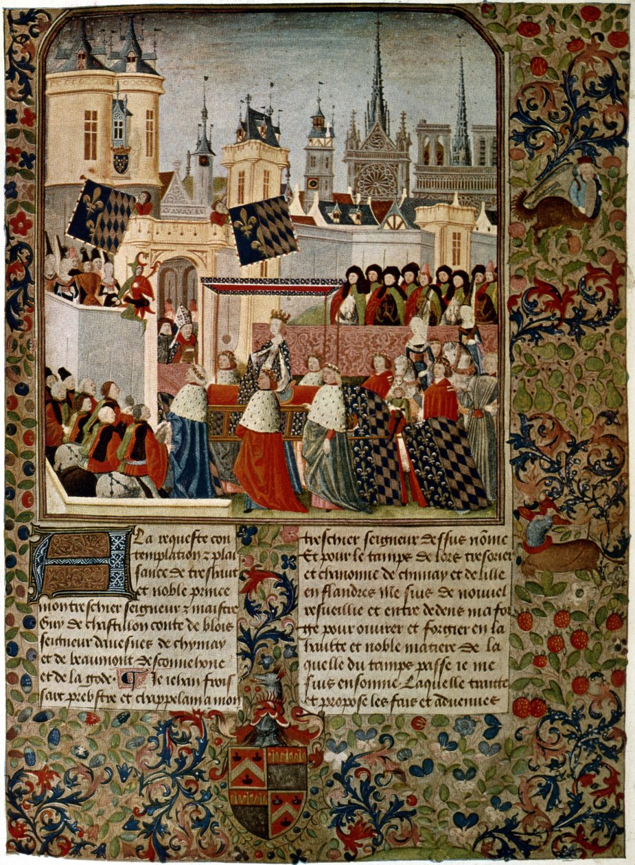 Harley 4379 f.3 Dronning Isabellas, fremmedgjorte ægtefælle af Edward II (1284-1327) indtog i Paris i 1325, henrettet af Jean Froissart (c.1333-c.1404) for historikeren Philippe de Comines (1445-1509) ( vellum) af French School