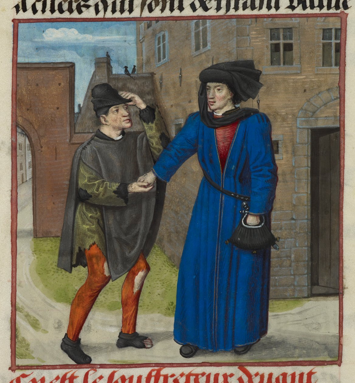 Harley 4425 f.47v Detalje af en miniature af en lidende, der får penge af sin sande ven, fra Roman de la Rose, ca. 1490-1500 (vellum) af French School