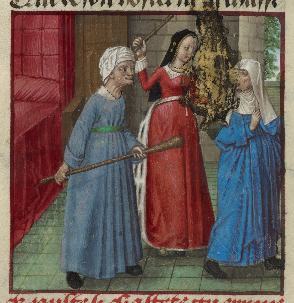 Harley 4425 fol.81v Miniature of Beaute (Skønhed) og Laideur (Ugliness) kæmper mod Chastete (Kyskhed) fra Roman de la Rose, c.1490-1500 (vellum) af French School