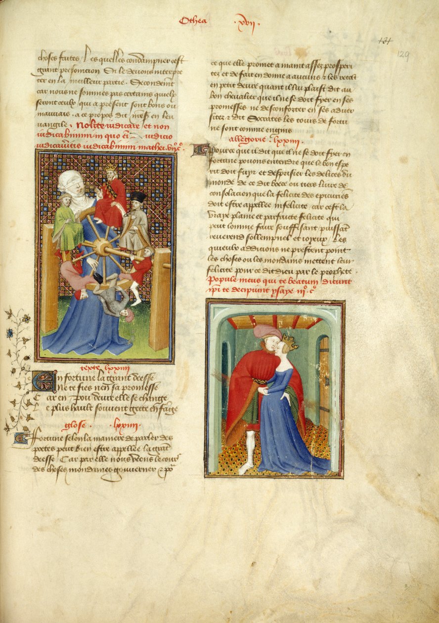 Harley 4431, f.129 Lykkehjulet; og Paris omfavner Helen, fra 