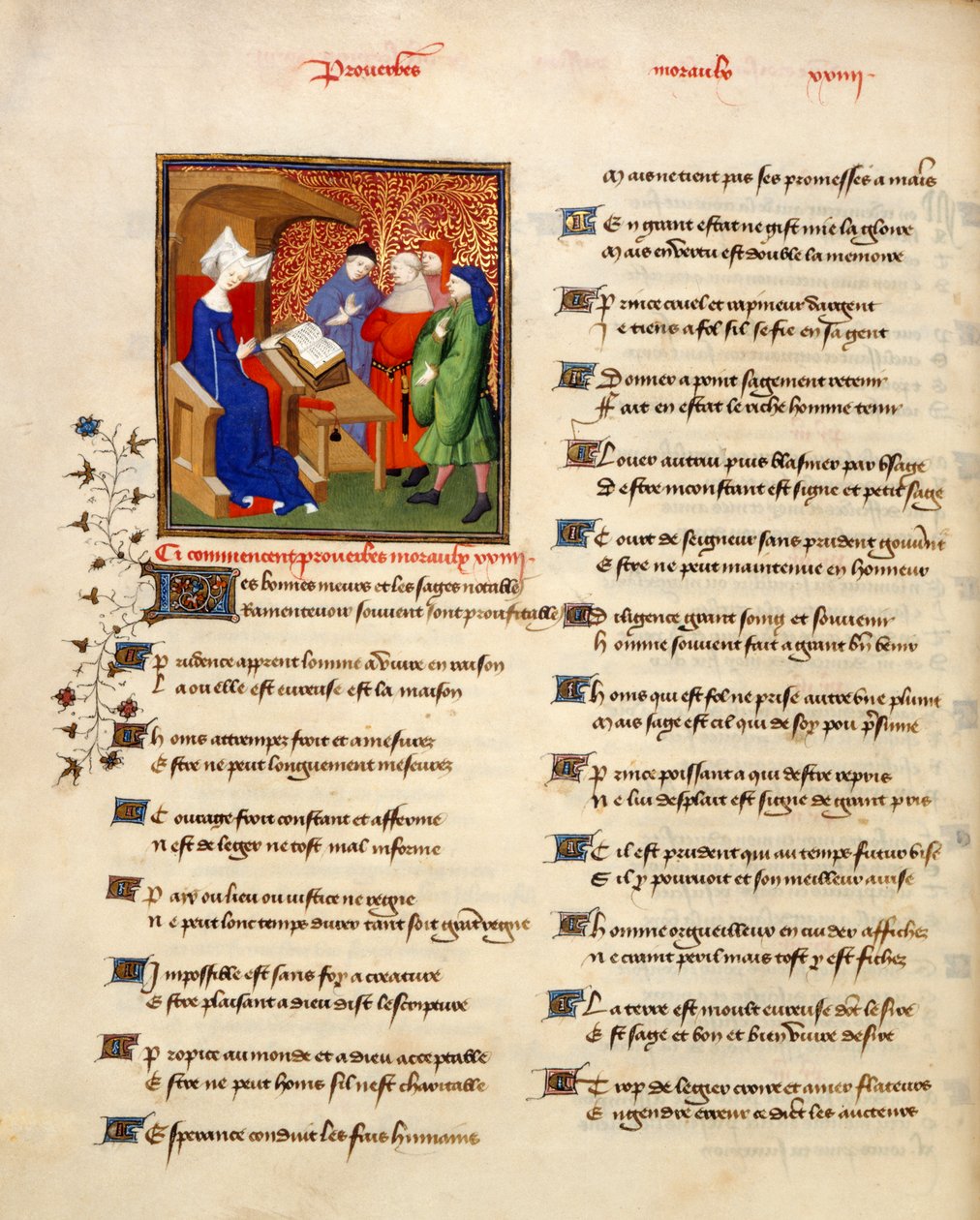 Harley 4431 bind II, f.259v Miniature af en kvinde, der læser moralske ordsprog i begyndelsen af 