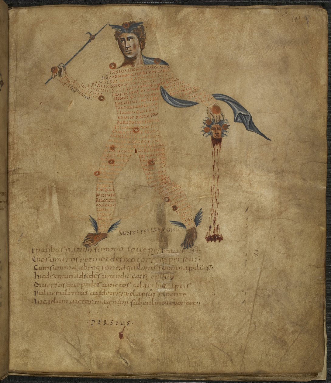 Harley 647, f.4 Illustration af Perseus, en helt fra græsk mytologi, med hovedet af den slangehårede Medusa, med tekst eller scholia i stjernebilledets figur, fra 