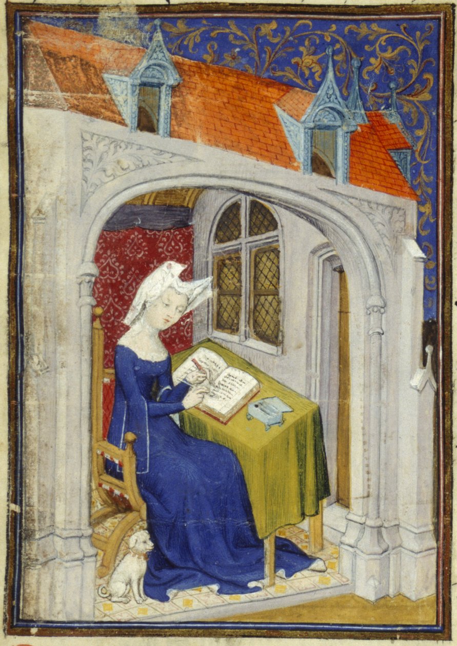 Harley MS 4431 f.004r Detalje af en miniature af Christine de Pizan i hendes arbejdsværelse i begyndelsen af 