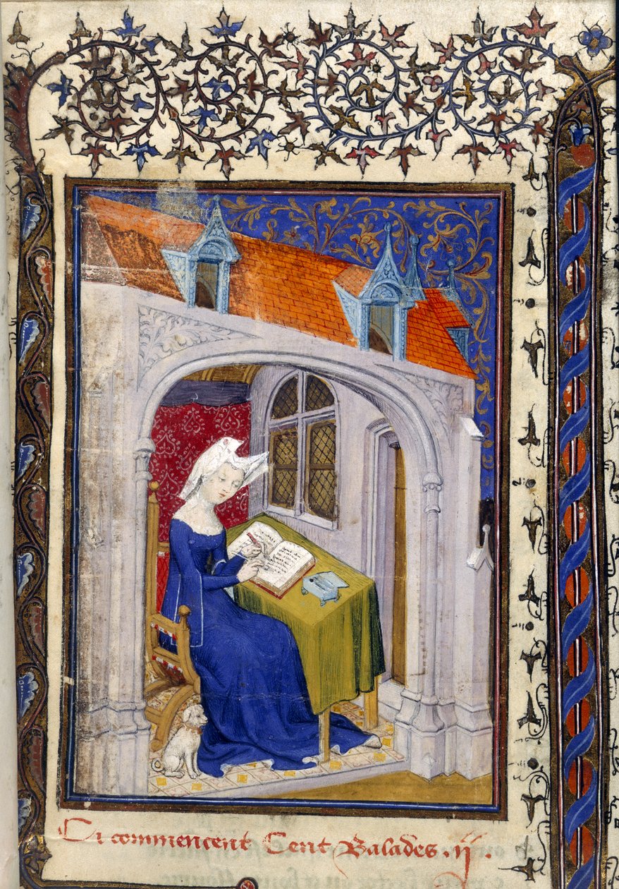 Harley MS 4431 f.004r Detalje af en miniature af Christine de Pizan i hendes arbejdsværelse i begyndelsen af 