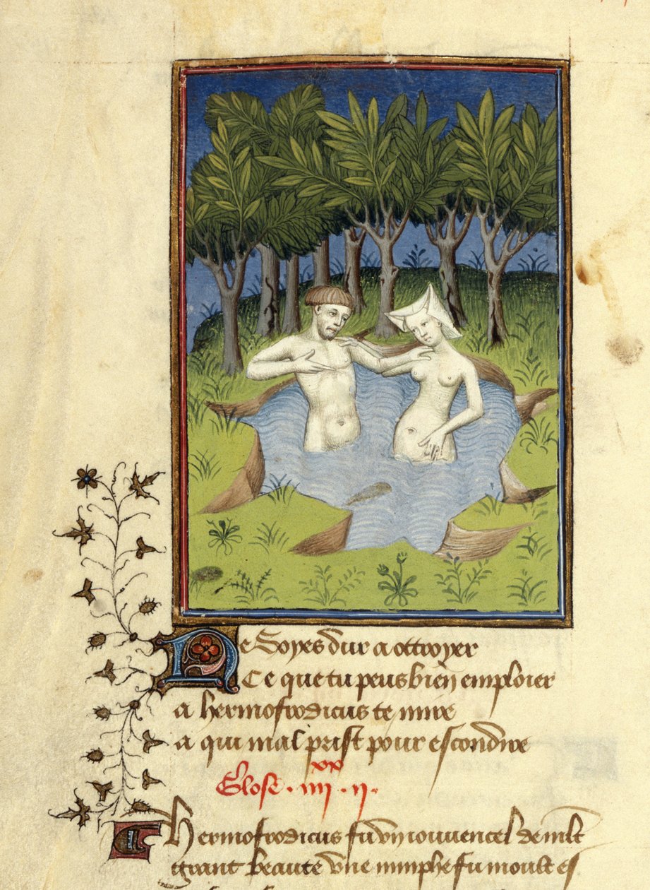 Harley MS 4431, f.132v, Miniature af Hermaphroditus og nymfen Salmacis badende i en sø, fra 
