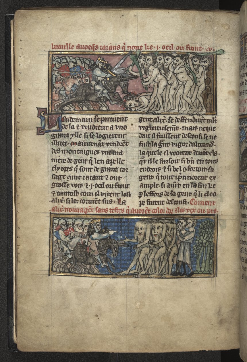 Harley MS 4979 f.72v Alexander bekæmper Cyclopes; Alexander bekæmper en gruppe urenheder, fra 