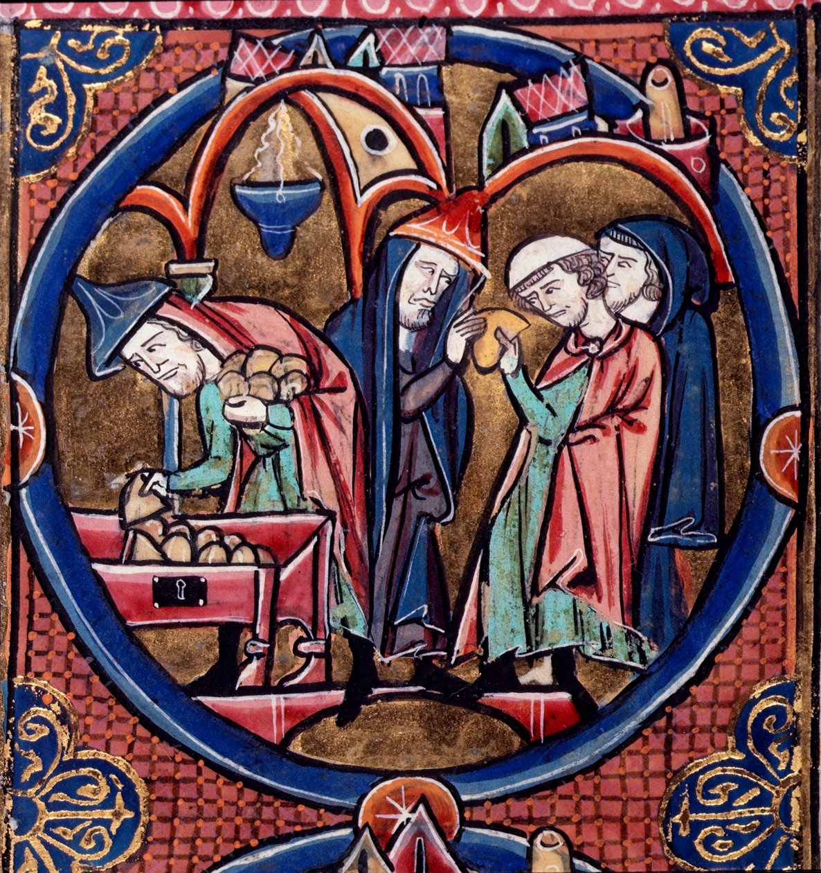 Harley Ms.1526 fol.27 Menelaos leverer hyldestpengene til Antiochus, konge af Syrien, og sikrer sig selv Ypperstepræstedømmet med bestikkelsen, sent i det 13. århundrede (vellum) af French School