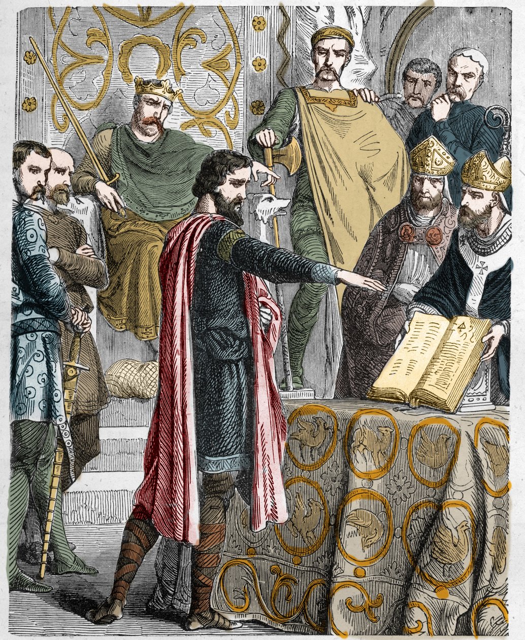Harold II (1020-1066) sidste angelsaksiske kongekroner i 1064, svoret på de hellige relikvier før Vilhelm I Erobreren for at støtte hans sag på Englands trone ved skriftefaderen Edwards død. af French School